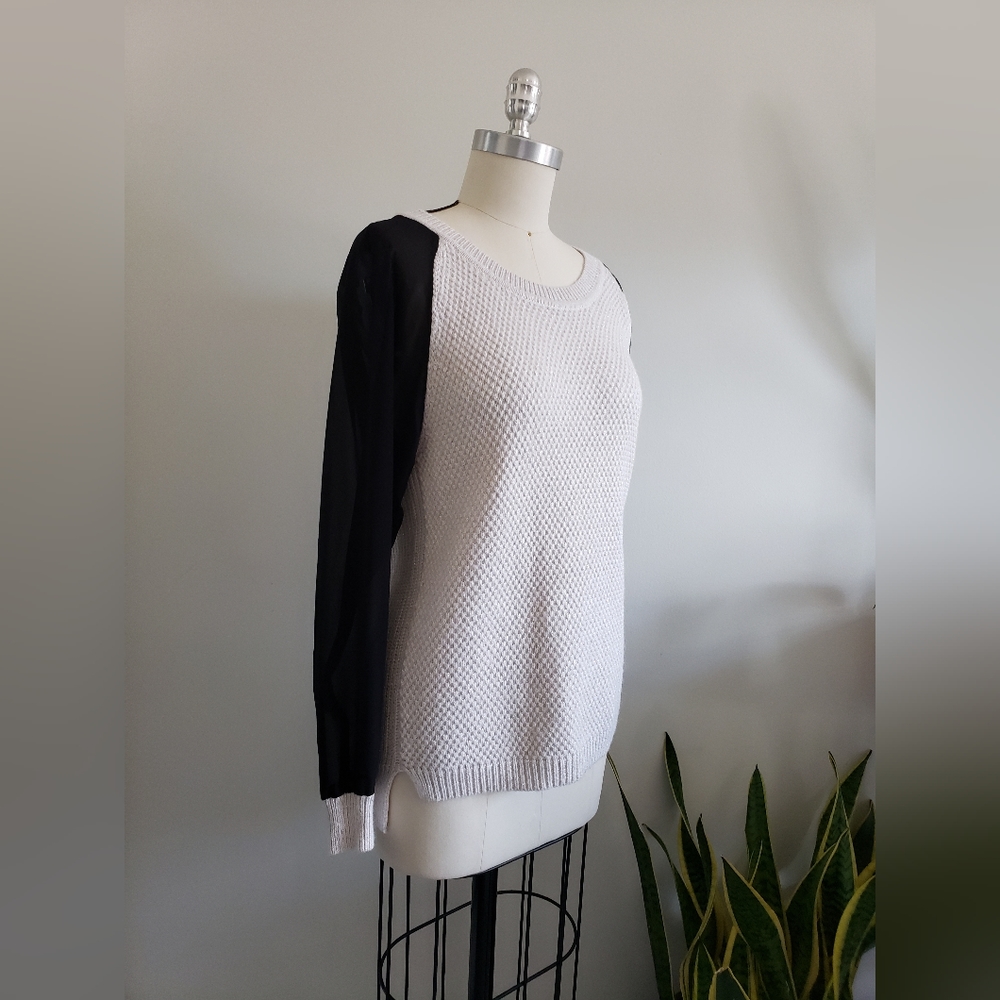 FRENCH CONNECTION sweater with sparkly knit body and sheer black sleeves